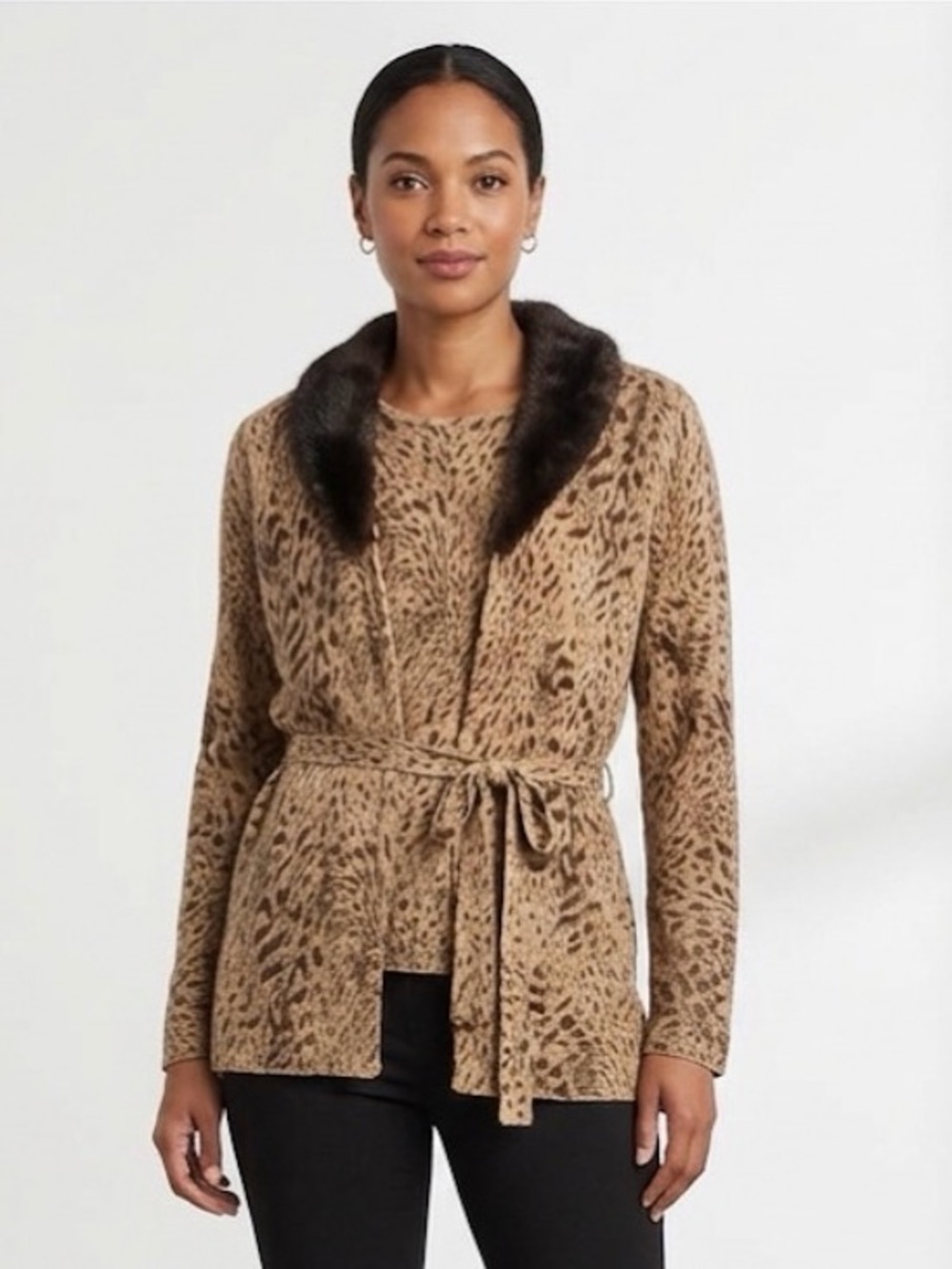 Liz Claiborne Women’s Leopard 2 Piece Jacket & Top Set Faux Fur Collar Size M
